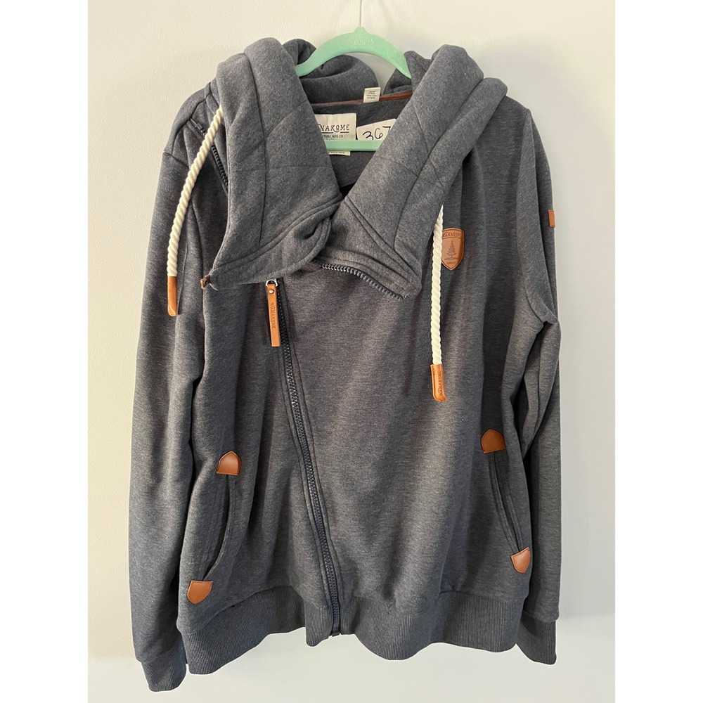 Wanakome Hestia Asymmetrical Zip Hoodie Gray Cowl Neck Rope Drawstring Large